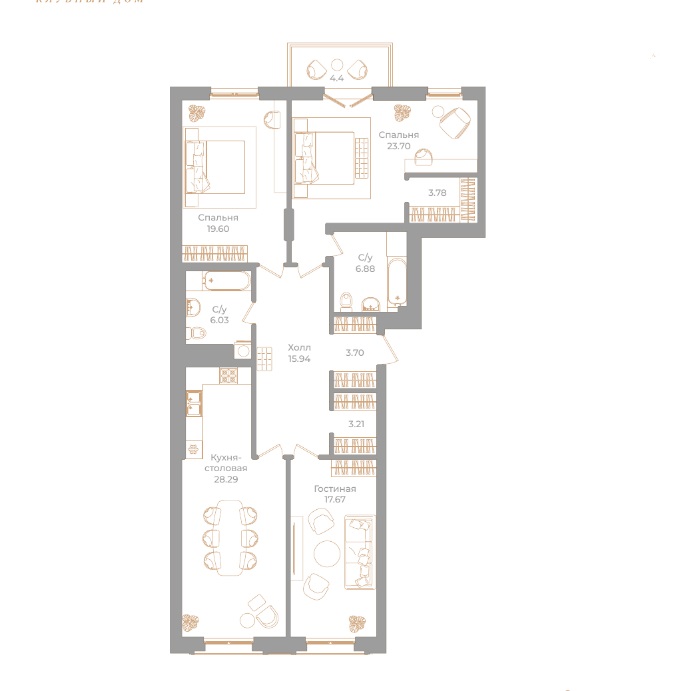 3-комнатная квартира №130 в: Фонтанка, 130: 130.12 м²; этаж: 5 - купить в Санкт-Петербурге