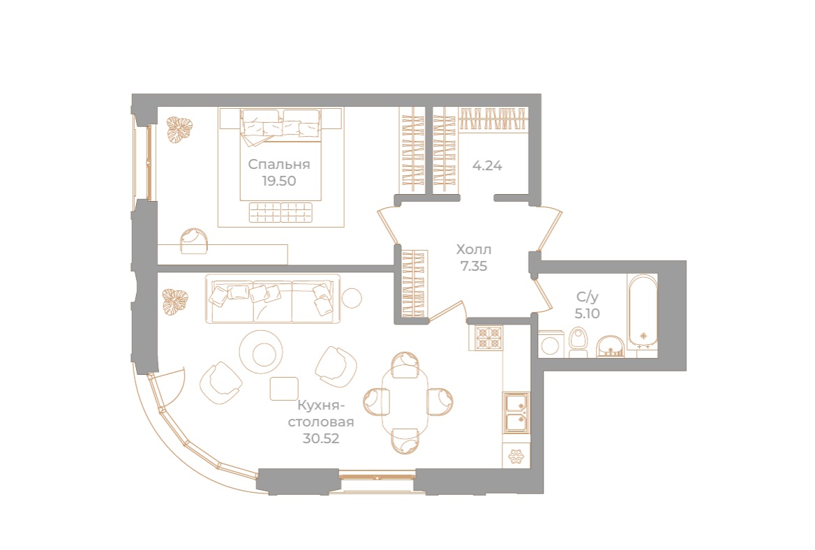 1-комнатная квартира  №97 в Фонтанка, 130: 66.71 м², этаж 4 - купить в Санкт-Петербурге