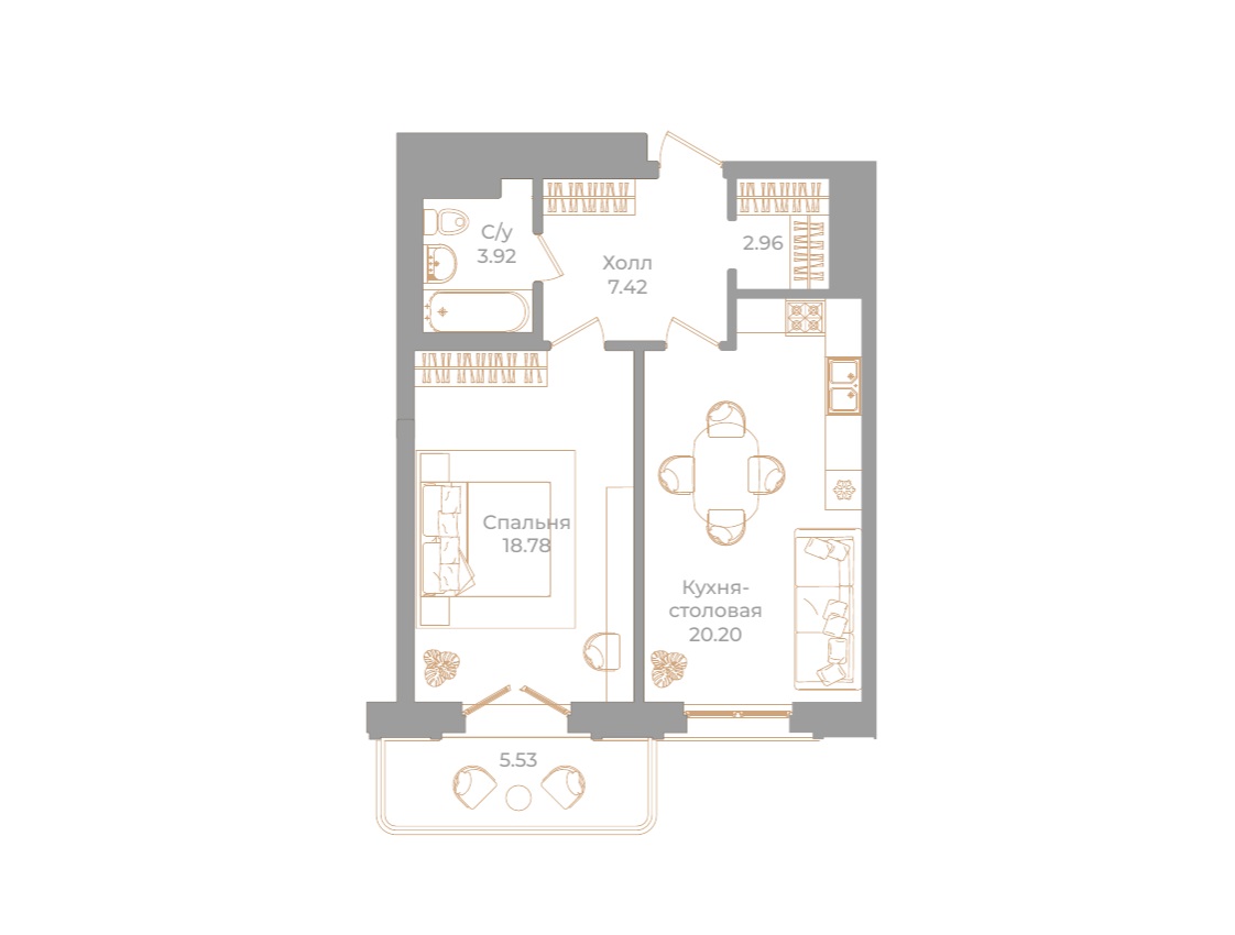 1-комнатная квартира №130 в: Фонтанка, 130: 54.94 м²; этаж: 5 - купить в Санкт-Петербурге