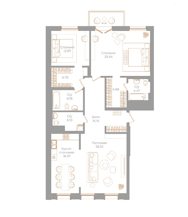 3-комнатная квартира  №25 в Фонтанка, 130: 125.89 м², этаж 4 - купить в Санкт-Петербурге