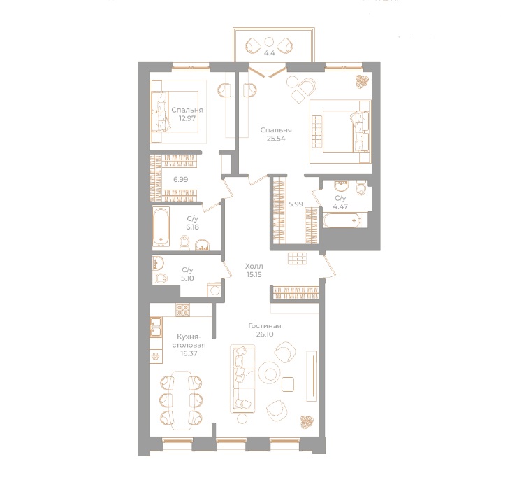 3-комнатная квартира  №28 в Фонтанка, 130: 126.18 м², этаж 5 - купить в Санкт-Петербурге