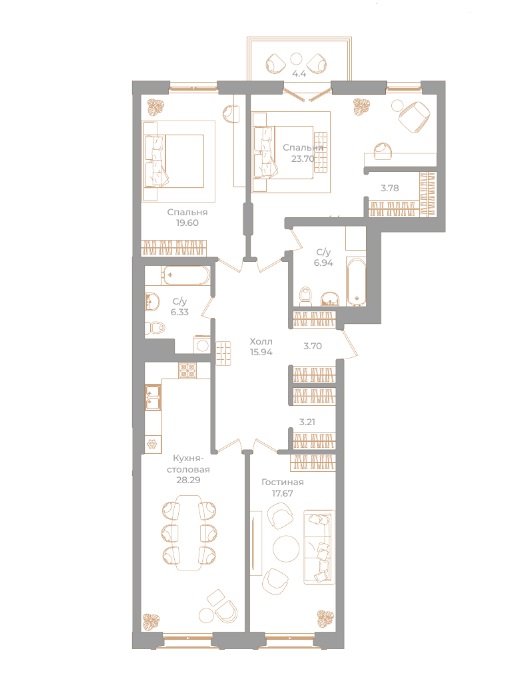 3-комнатная квартира  №6 в Фонтанка, 130: 130.48 м², этаж 3 - купить в Санкт-Петербурге