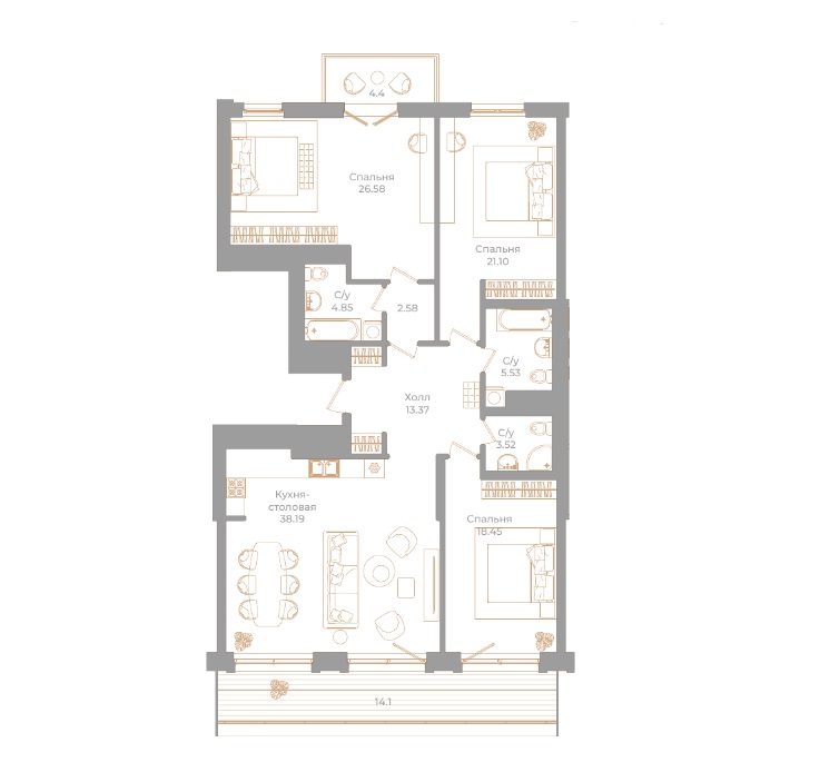 3-комнатная квартира  №32 в Фонтанка, 130: 139.72 м², этаж 7 - купить в Санкт-Петербурге