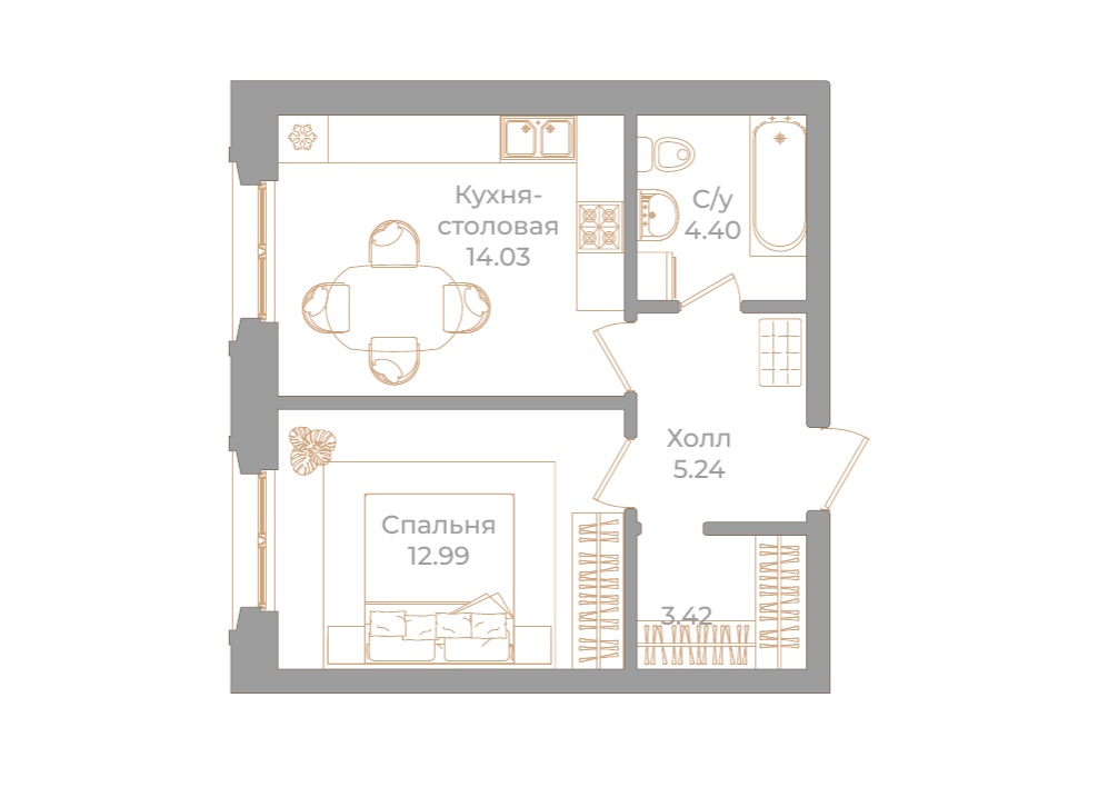 1-комнатная квартира, 40.59 м²; этаж: 2 - купить в Санкт-Петербурге
