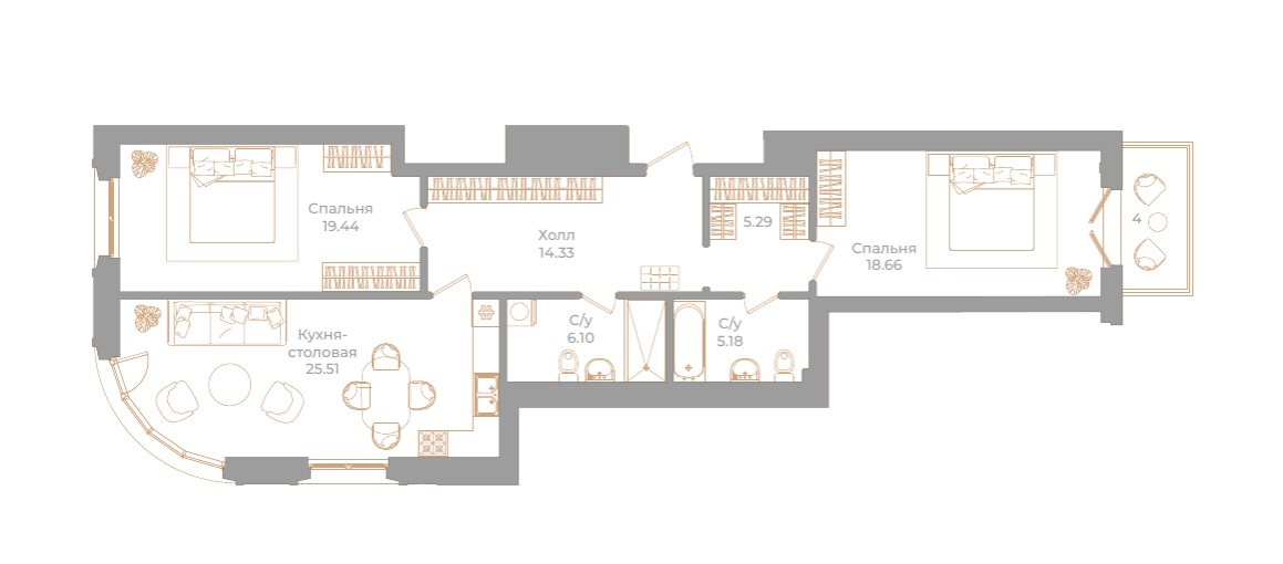 2-комнатная квартира  №61 в Фонтанка, 130: 95.71 м², этаж 2 - купить в Санкт-Петербурге