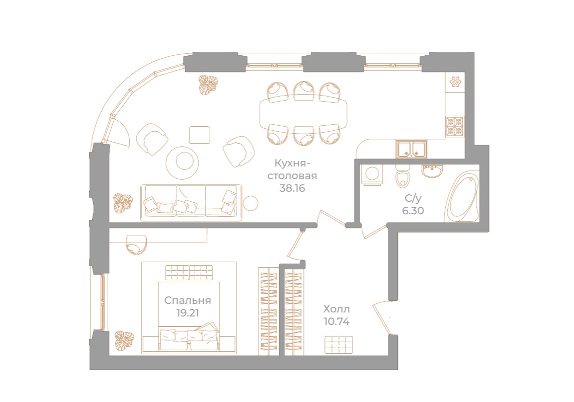 1-комнатная квартира  №83 в Фонтанка, 130: 74.41 м², этаж 2 - купить в Санкт-Петербурге