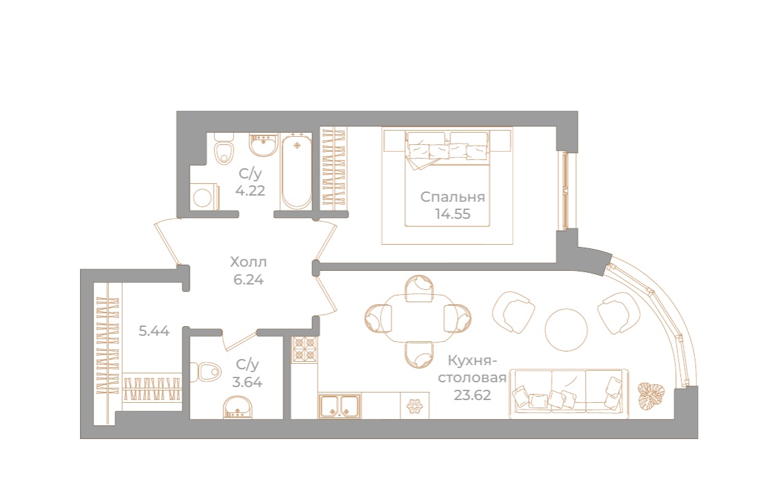 1-комнатная квартира  №87 в Фонтанка, 130: 57.71 м², этаж 3 - купить в Санкт-Петербурге