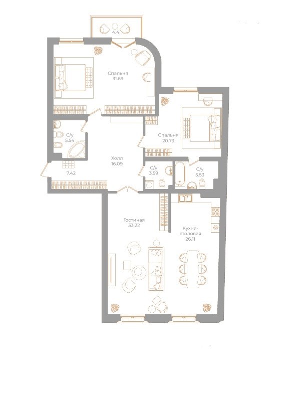 3-комнатная квартира  №7 в Фонтанка, 130: 151.24 м², этаж 4 - купить в Санкт-Петербурге