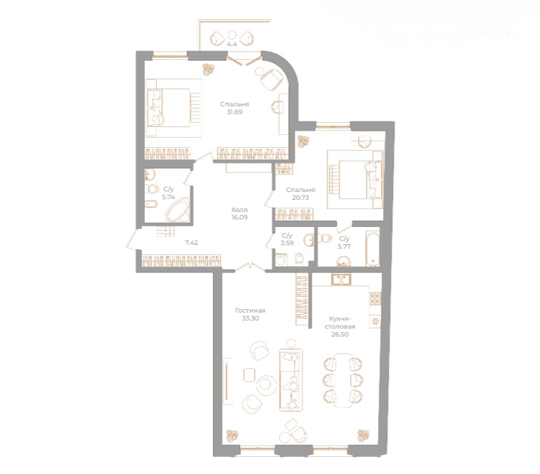 3-комнатная квартира  №1 в Фонтанка, 130: 152.15 м², этаж 2 - купить в Санкт-Петербурге