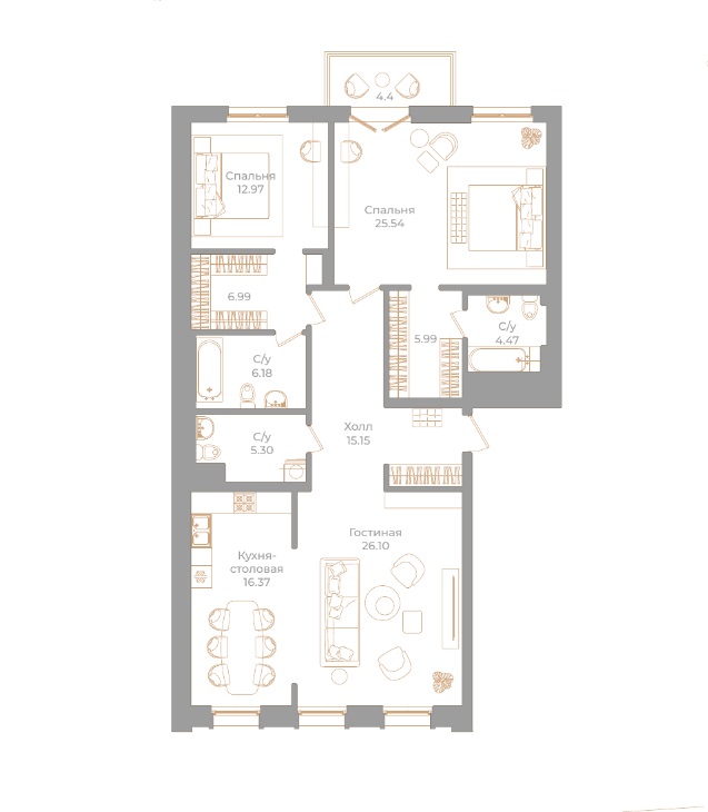 3-комнатная квартира  №22 в Фонтанка, 130: 126.38 м², этаж 3 - купить в Санкт-Петербурге