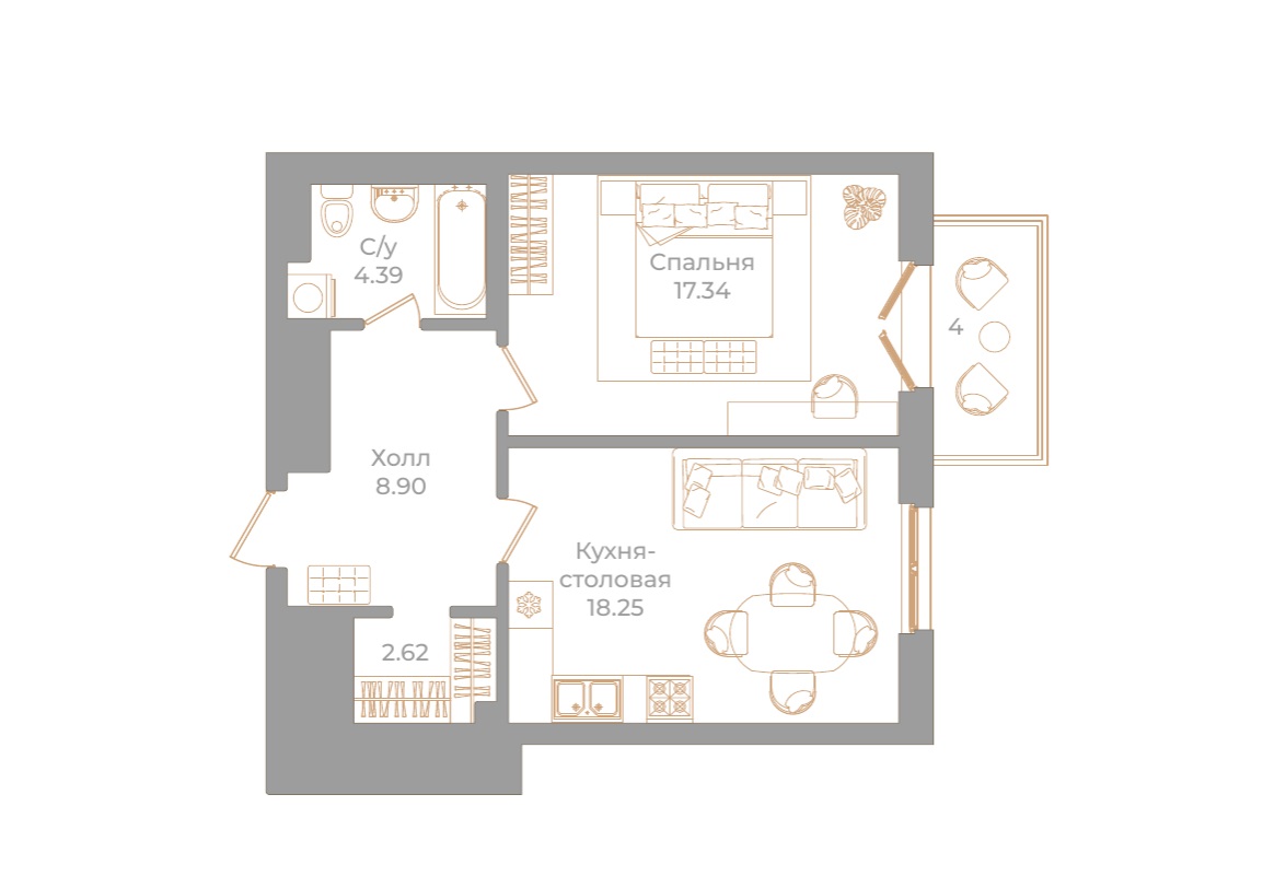 1-комнатная квартира  №101 в Фонтанка, 130: 52.7 м², этаж 4 - купить в Санкт-Петербурге