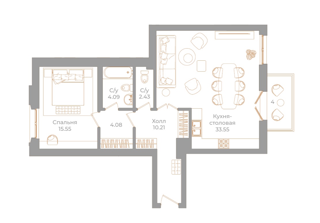 1-комнатная квартира  №38 в Фонтанка, 130: 71.11 м², этаж 2 - купить в Санкт-Петербурге