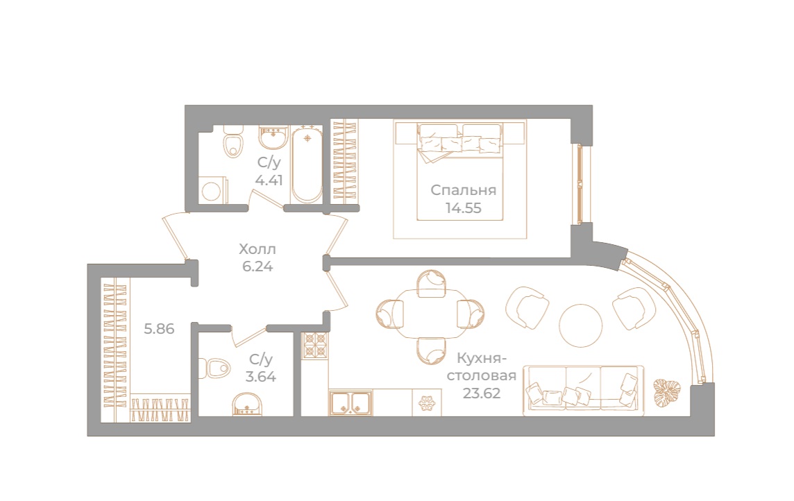 1-комнатная квартира  №79 в Фонтанка, 130: 58.32 м², этаж 2 - купить в Санкт-Петербурге
