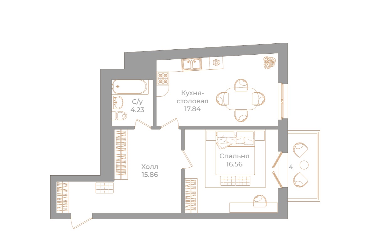1-комнатная квартира  №108 в Фонтанка, 130: 55.69 м², этаж 5 - купить в Санкт-Петербурге