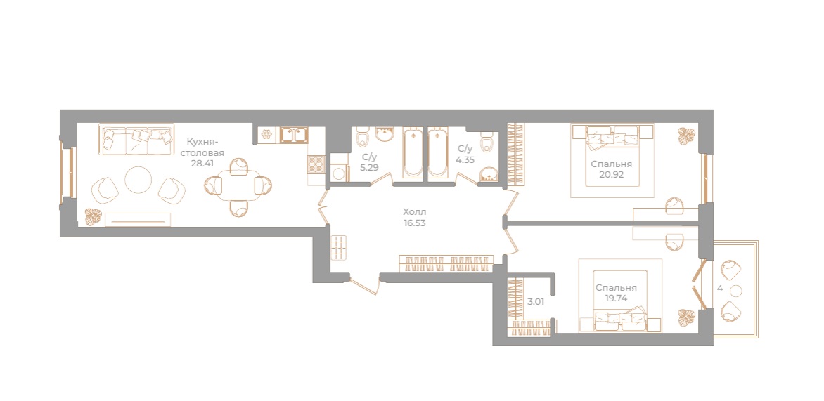 2-комнатная квартира  №69 в Фонтанка, 130: 99.45 м², этаж 4 - купить в Санкт-Петербурге