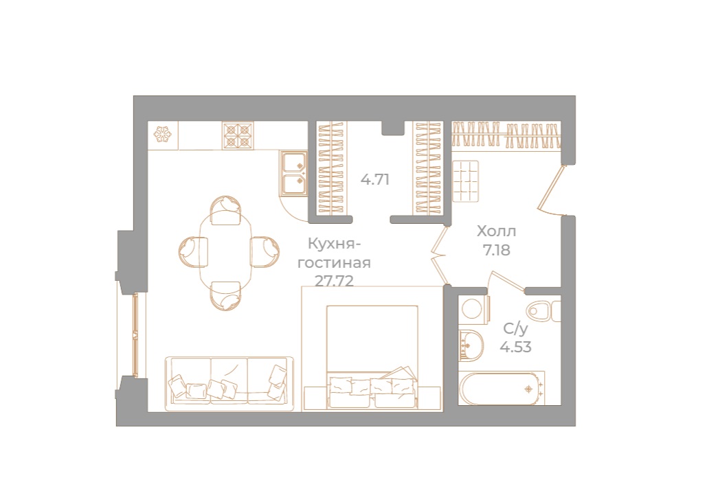 1-комнатная квартира, 44.14 м²; этаж: 2 - купить в Санкт-Петербурге