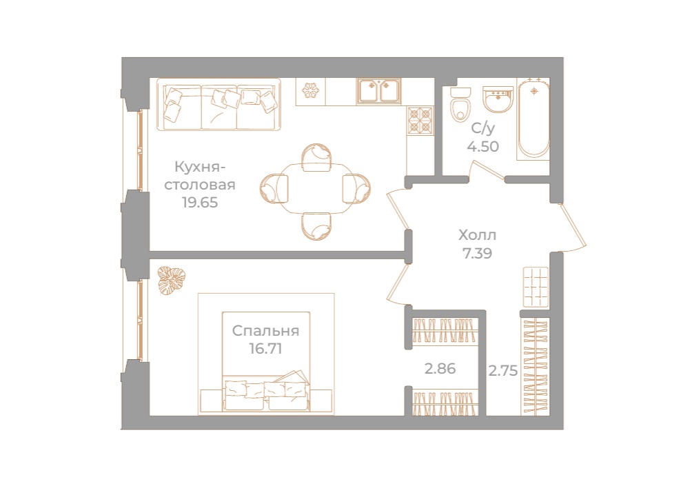 1-комнатная квартира  №82 в Фонтанка, 130: 53.86 м², этаж 2 - купить в Санкт-Петербурге