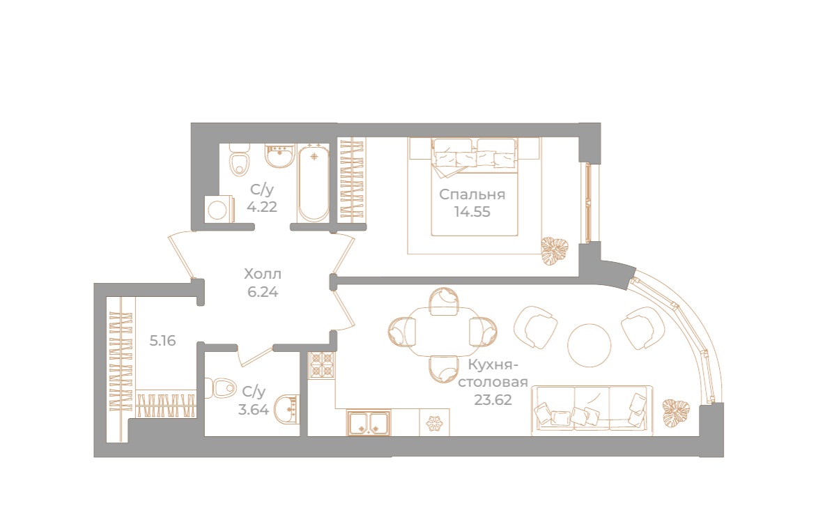 1-комнатная квартира  №103 в Фонтанка, 130: 57.43 м², этаж 5 - купить в Санкт-Петербурге