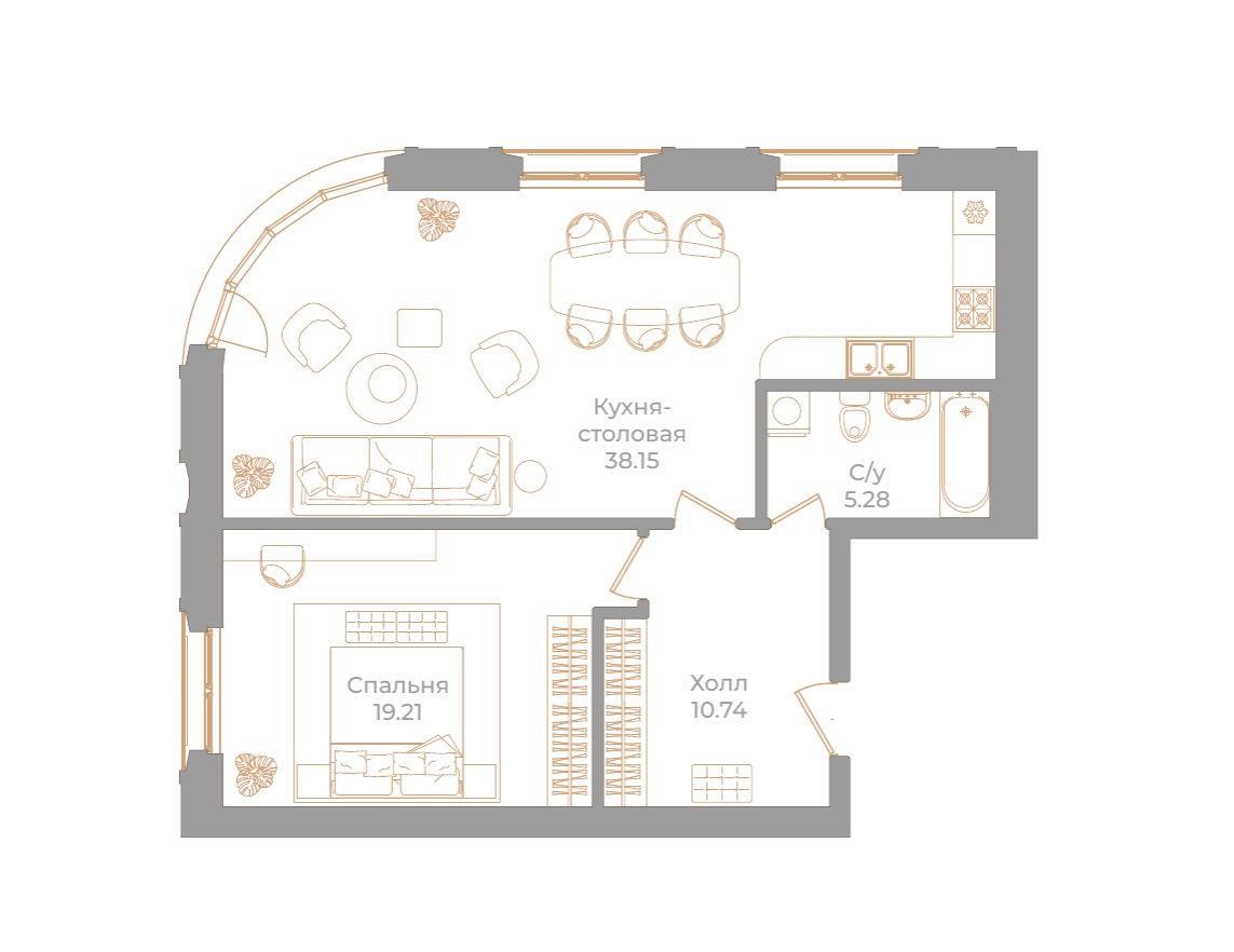 1-комнатная квартира  №99 в Фонтанка, 130: 73.38 м², этаж 4 - купить в Санкт-Петербурге