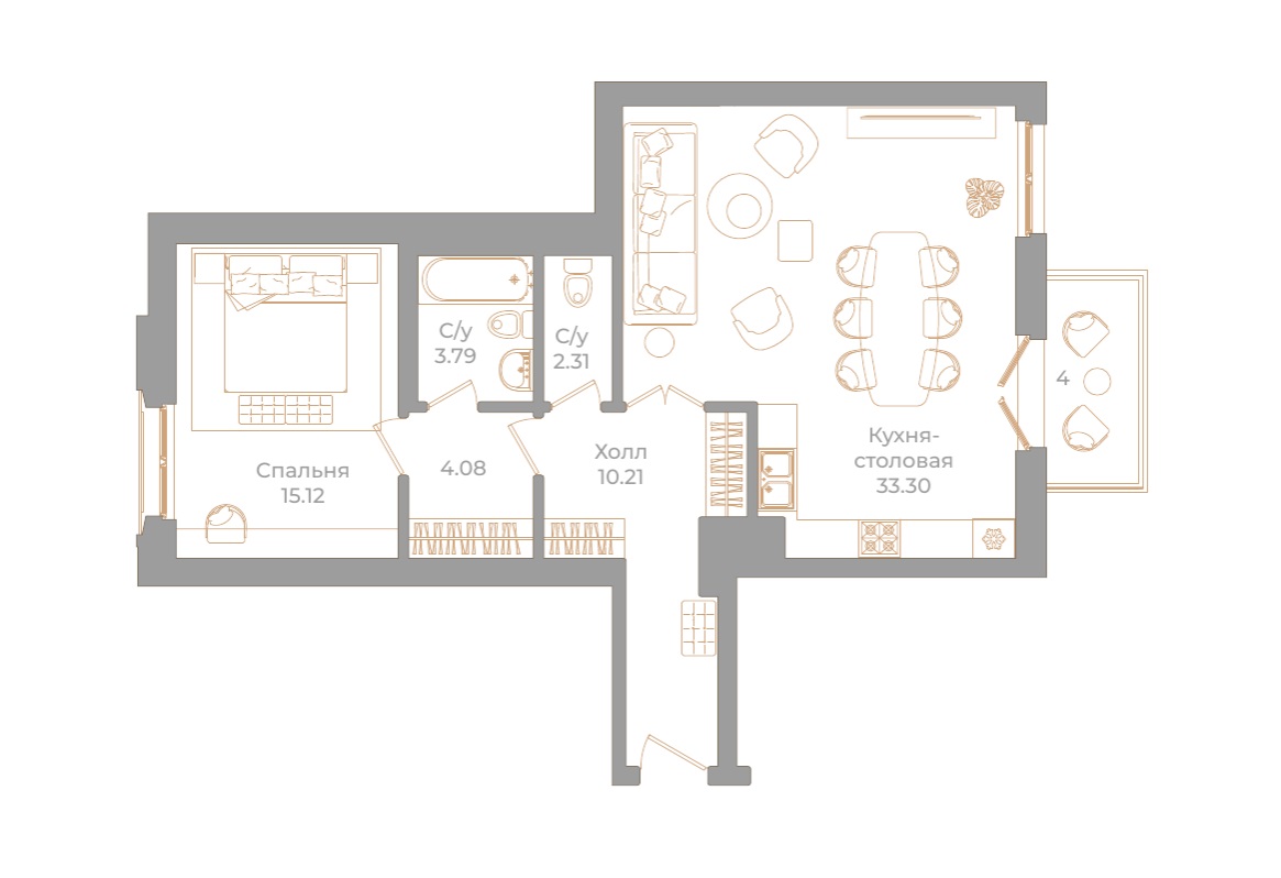 1-комнатная квартира  №43 в Фонтанка, 130: 70.01 м², этаж 3 - купить в Санкт-Петербурге