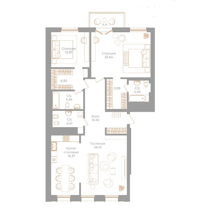 3-комнатная квартира  №31 в Фонтанка, 130: 125.79 м², этаж 6 - купить в Санкт-Петербурге