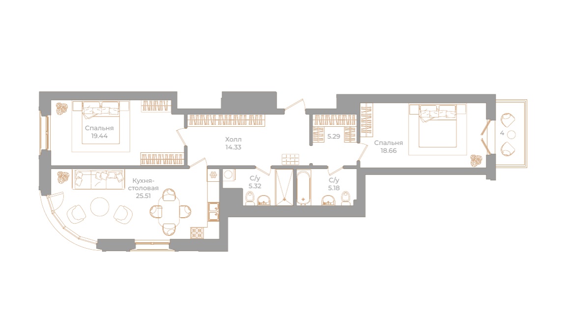 2-комнатная квартира  №64 в Фонтанка, 130: 94.93 м², этаж 3 - купить в Санкт-Петербурге
