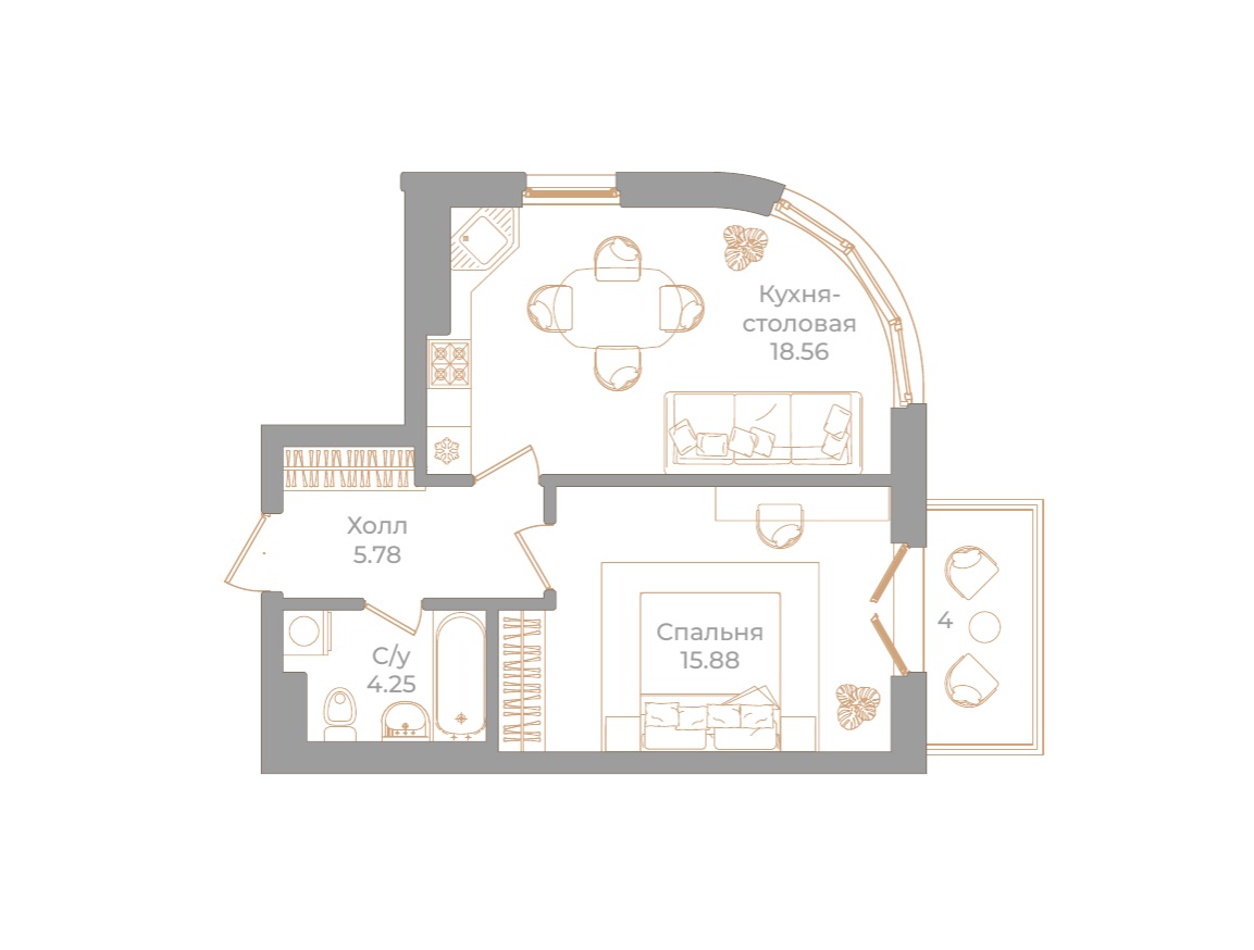 1-комнатная квартира, 45.67 м²; этаж: 4 - купить в Санкт-Петербурге