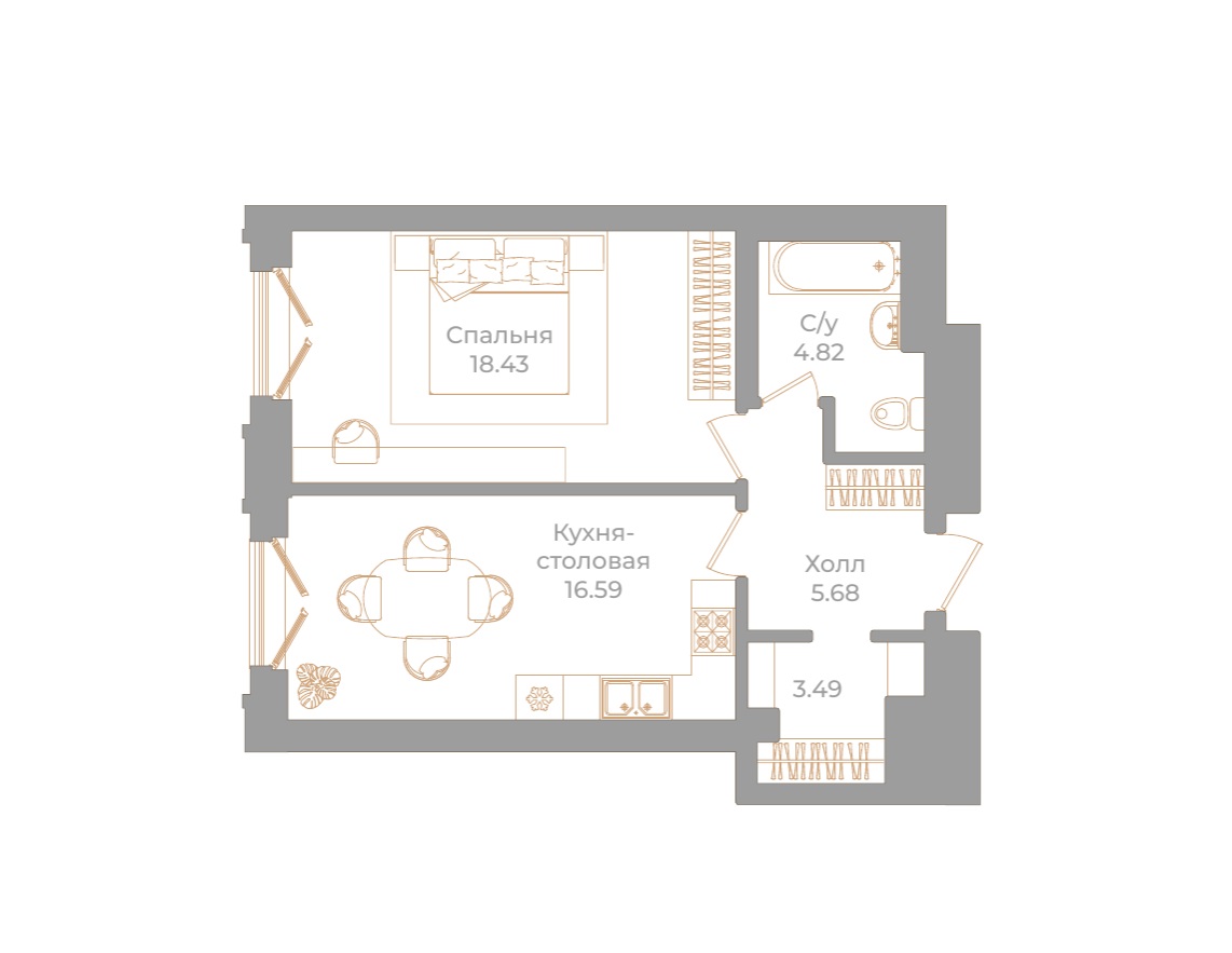 1-комнатная квартира №130 в: Фонтанка, 130: 49.01 м²; этаж: 6 - купить в Санкт-Петербурге