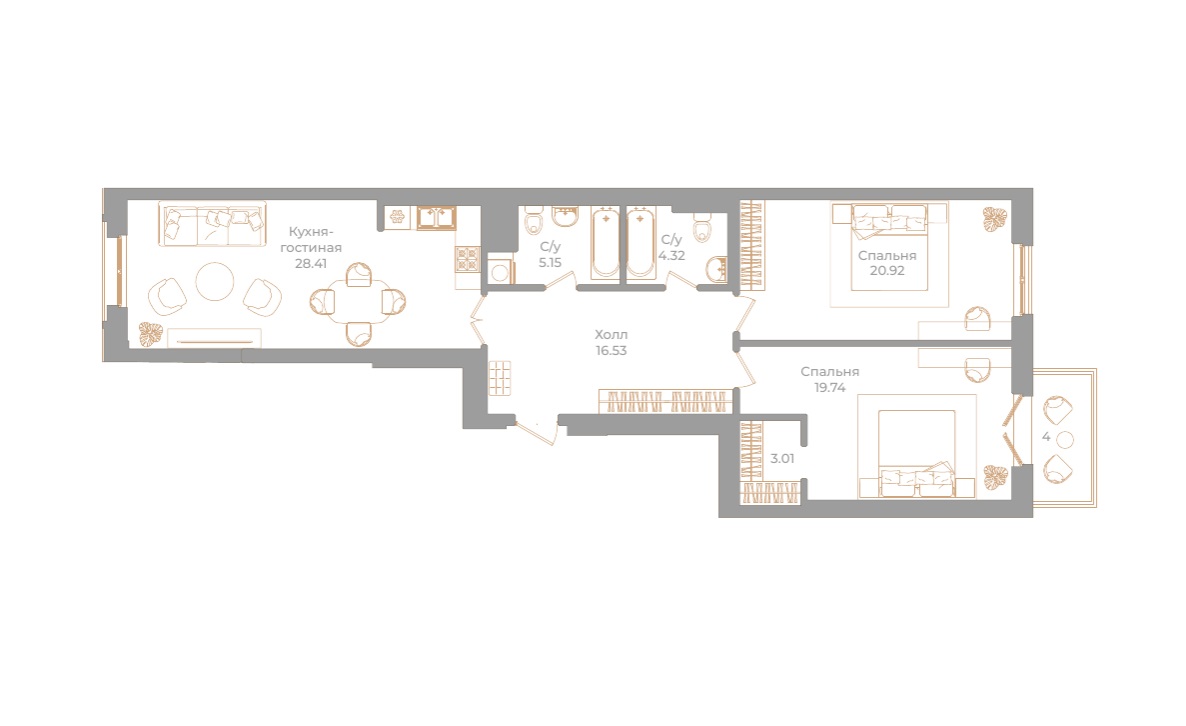 2-комнатная квартира  №72 в Фонтанка, 130: 99.28 м², этаж 5 - купить в Санкт-Петербурге