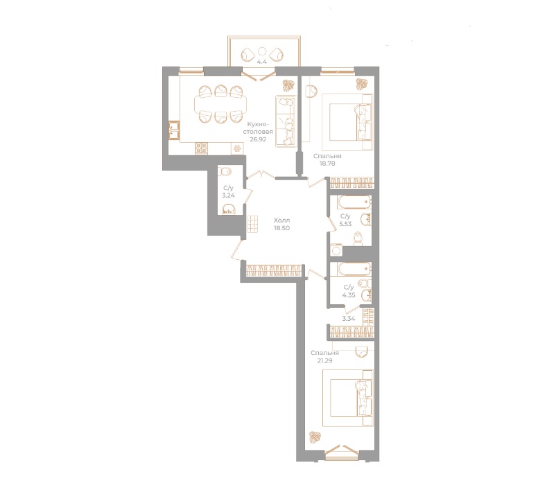 2-комнатная квартира  №29 в Фонтанка, 130: 103.27 м², этаж 6 - купить в Санкт-Петербурге