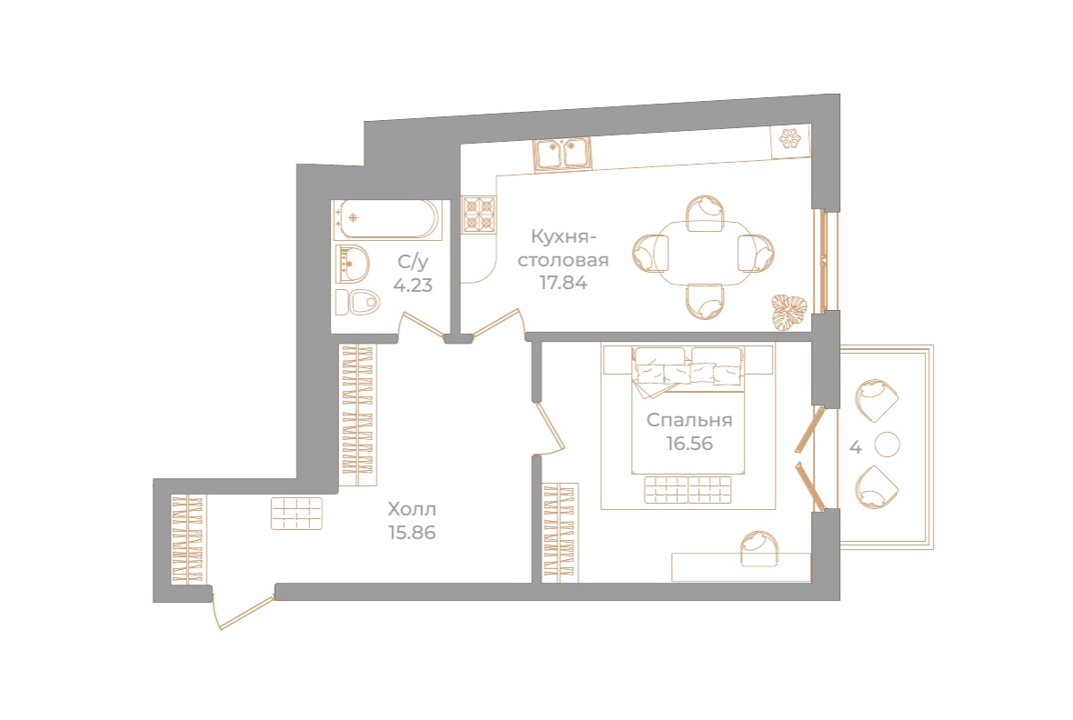 1-комнатная квартира  №100 в Фонтанка, 130: 55.69 м², этаж 4 - купить в Санкт-Петербурге