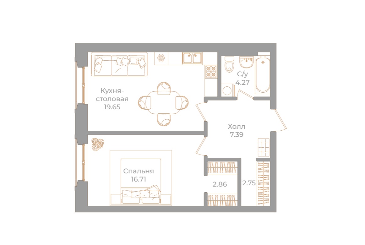 1-комнатная квартира  №90 в Фонтанка, 130: 53.63 м², этаж 3 - купить в Санкт-Петербурге