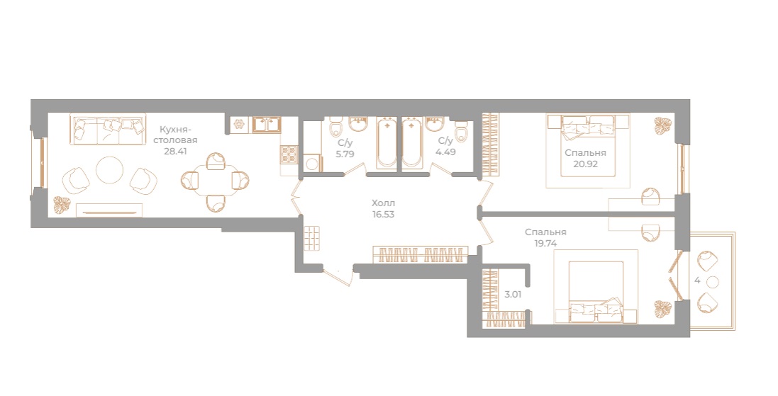 2-комнатная квартира  №63 в Фонтанка, 130: 100.09 м², этаж 2 - купить в Санкт-Петербурге