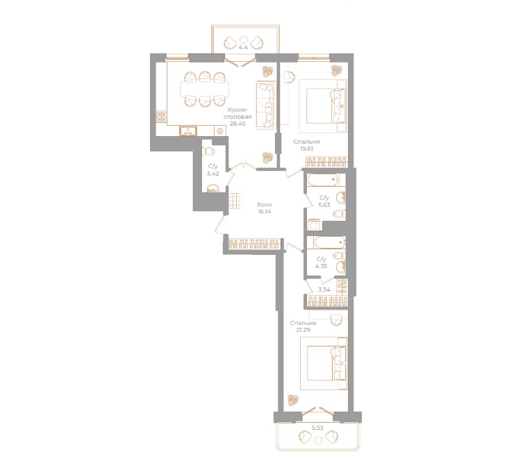 2-комнатная квартира  №26 в Фонтанка, 130: 105.21 м², этаж 5 - купить в Санкт-Петербурге