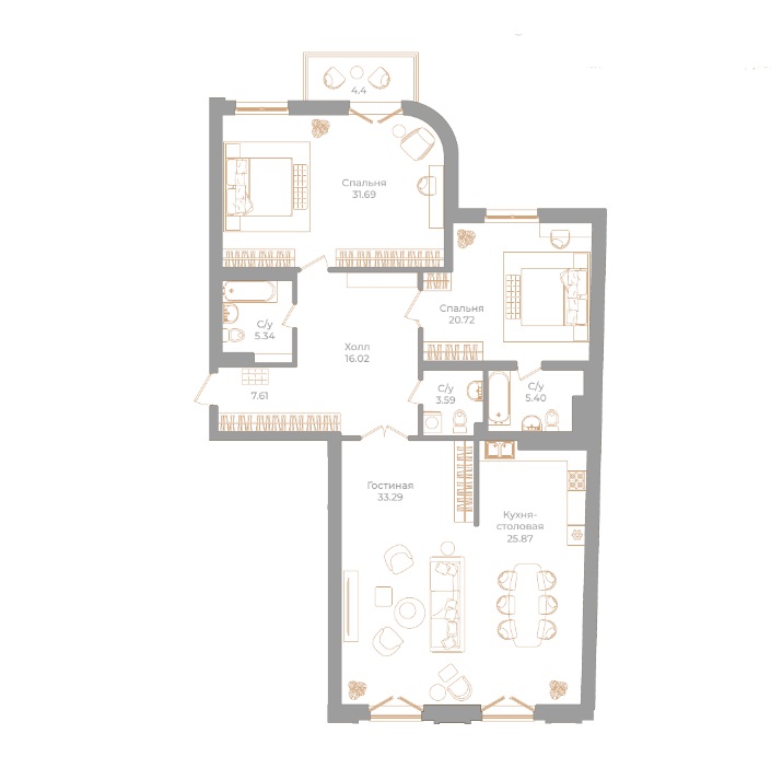 3-комнатная квартира  №13 в Фонтанка, 130: 150.85 м², этаж 6 - купить в Санкт-Петербурге
