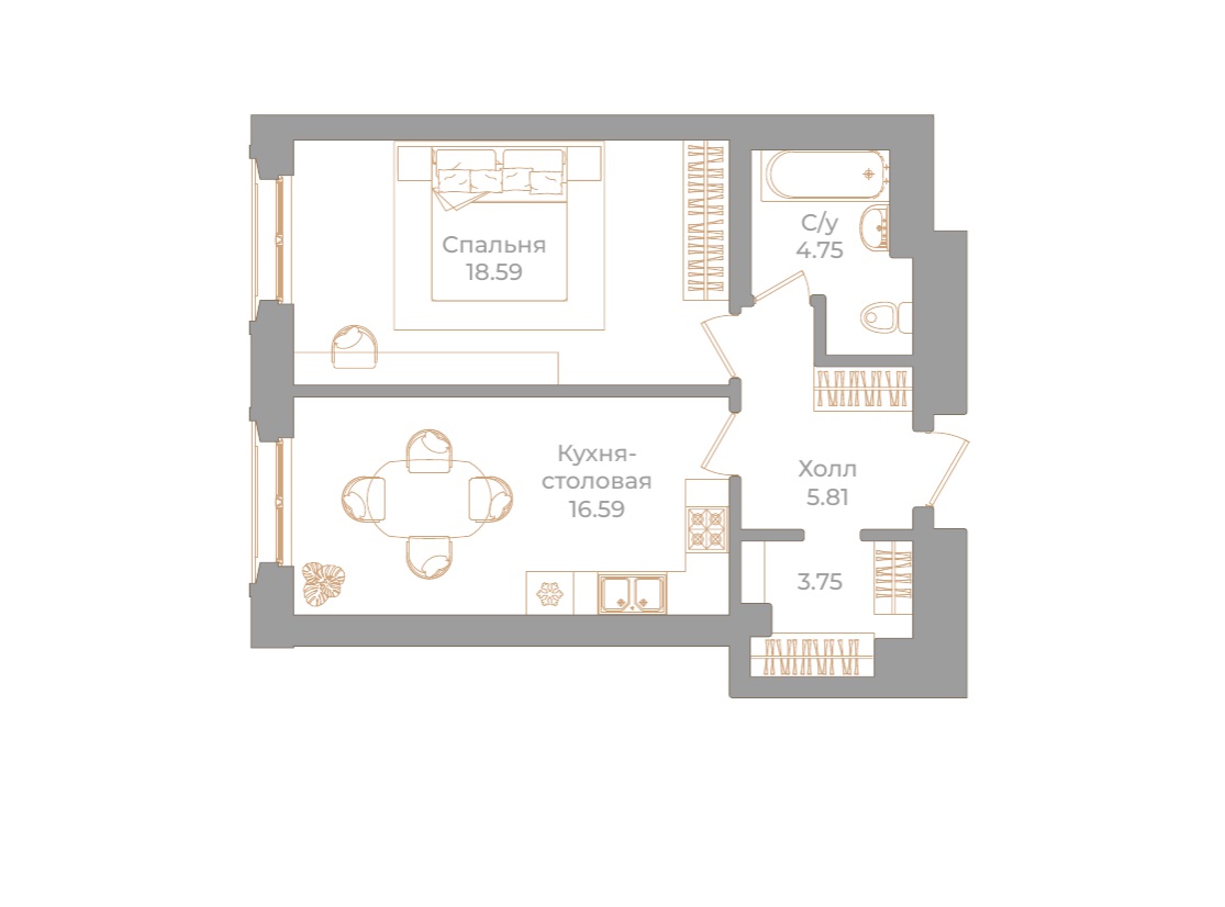 1-комнатная квартира, 49.49 м²; этаж: 3 - купить в Санкт-Петербурге