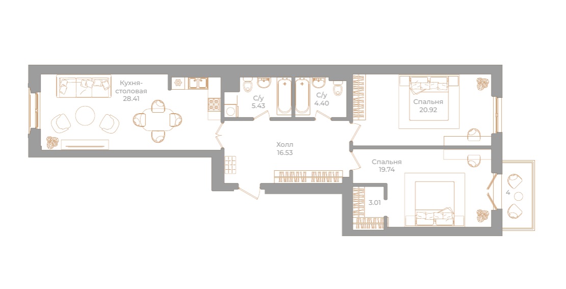 2-комнатная квартира  №66 в Фонтанка, 130: 99.64 м², этаж 3 - купить в Санкт-Петербурге