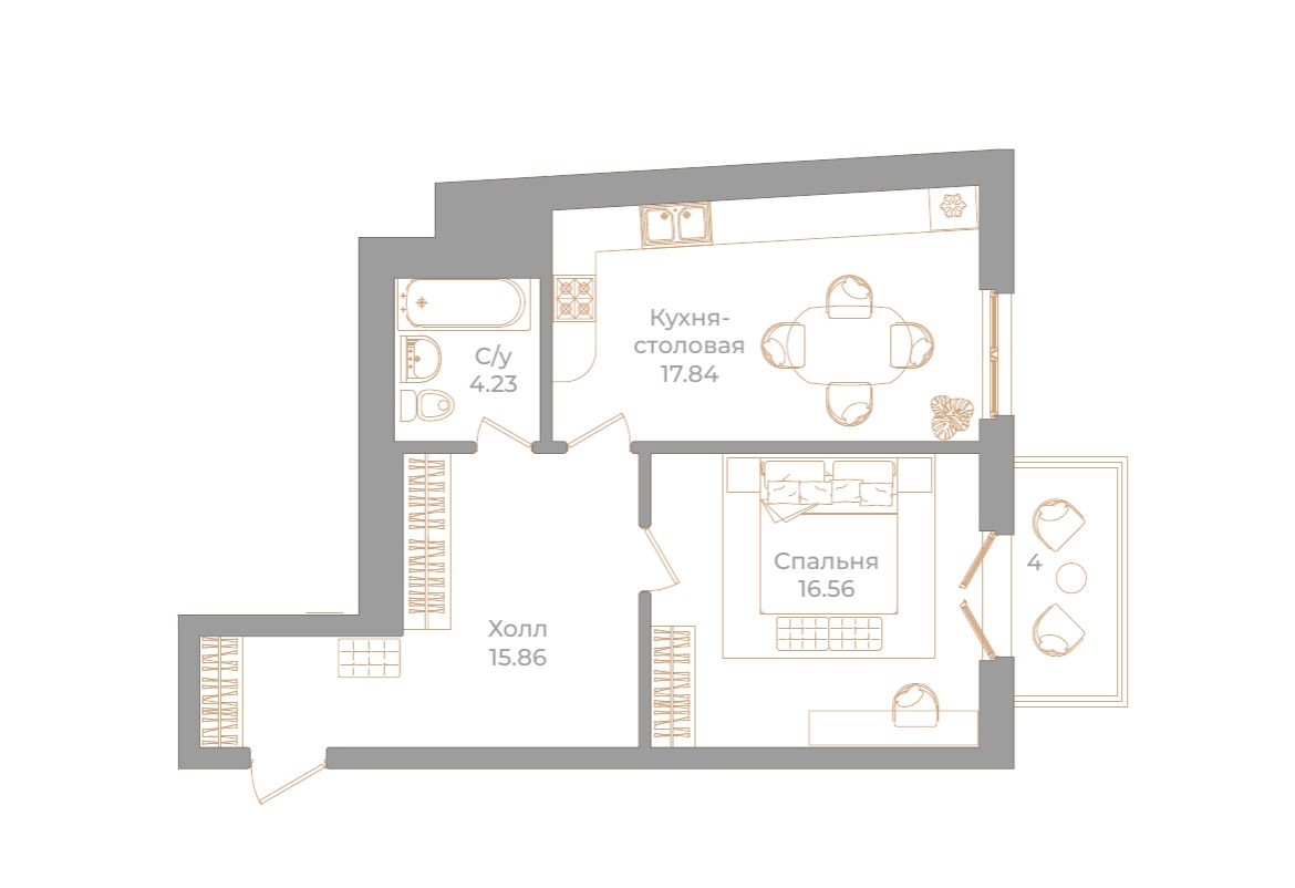 1-комнатная квартира  №92 в Фонтанка, 130: 55.69 м², этаж 3 - купить в Санкт-Петербурге