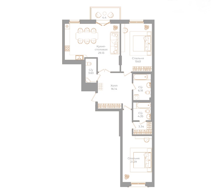 2-комнатная квартира  №18 в Фонтанка, 130: 104.99 м², этаж 2 - купить в Санкт-Петербурге