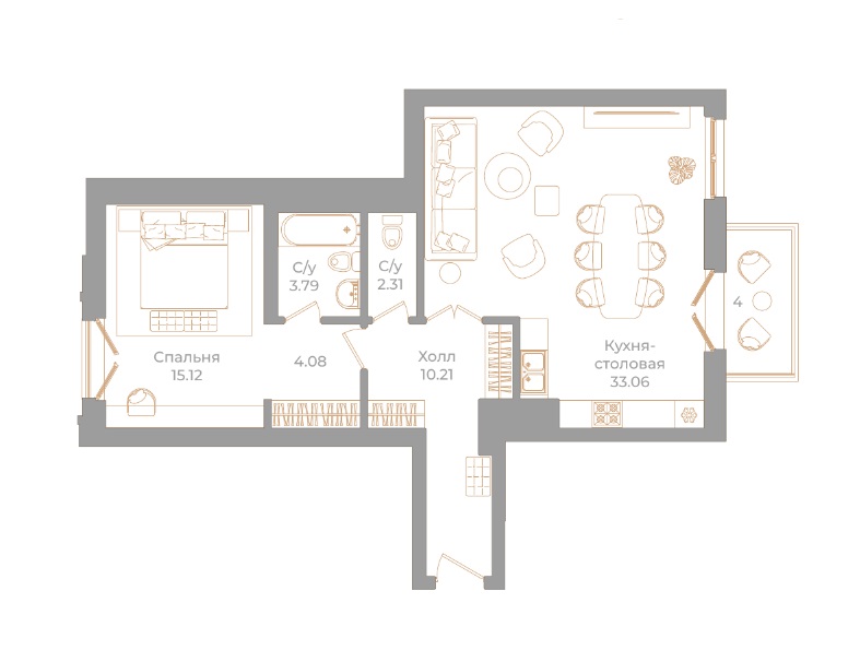 1-комнатная квартира  №58 в Фонтанка, 130: 69.77 м², этаж 6 - купить в Санкт-Петербурге