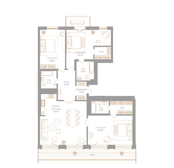 3-комнатная квартира  №17 в Фонтанка, 130: 160.44 м², этаж 7 - купить в Санкт-Петербурге
