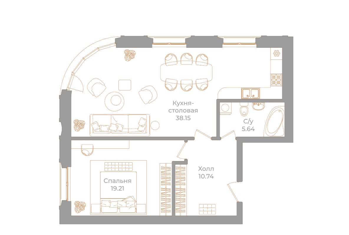 1-комнатная квартира  №91 в Фонтанка, 130: 73.74 м², этаж 3 - купить в Санкт-Петербурге