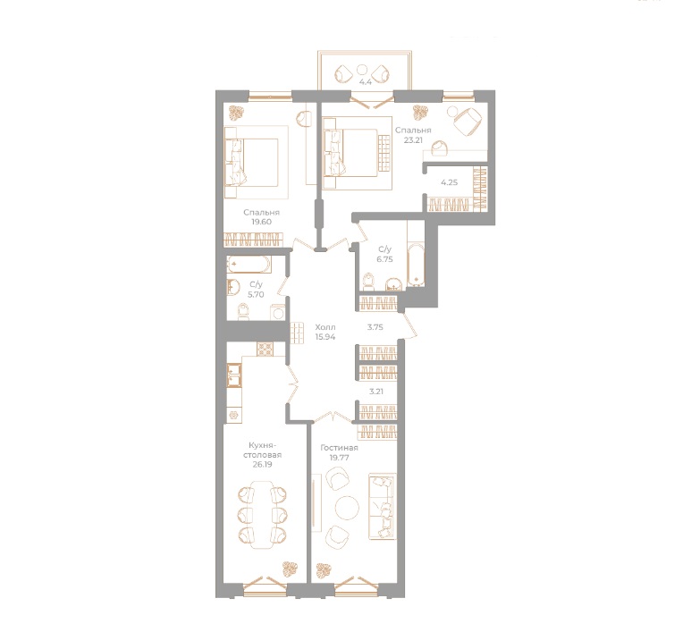 3-комнатная квартира  №15 в Фонтанка, 130: 129.69 м², этаж 6 - купить в Санкт-Петербурге