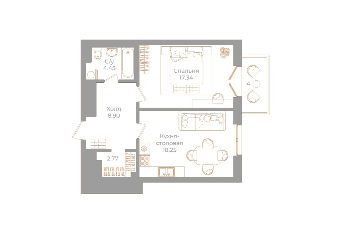 1-комнатная квартира  №93 в Фонтанка, 130: 52.91 м², этаж 3 - купить в Санкт-Петербурге