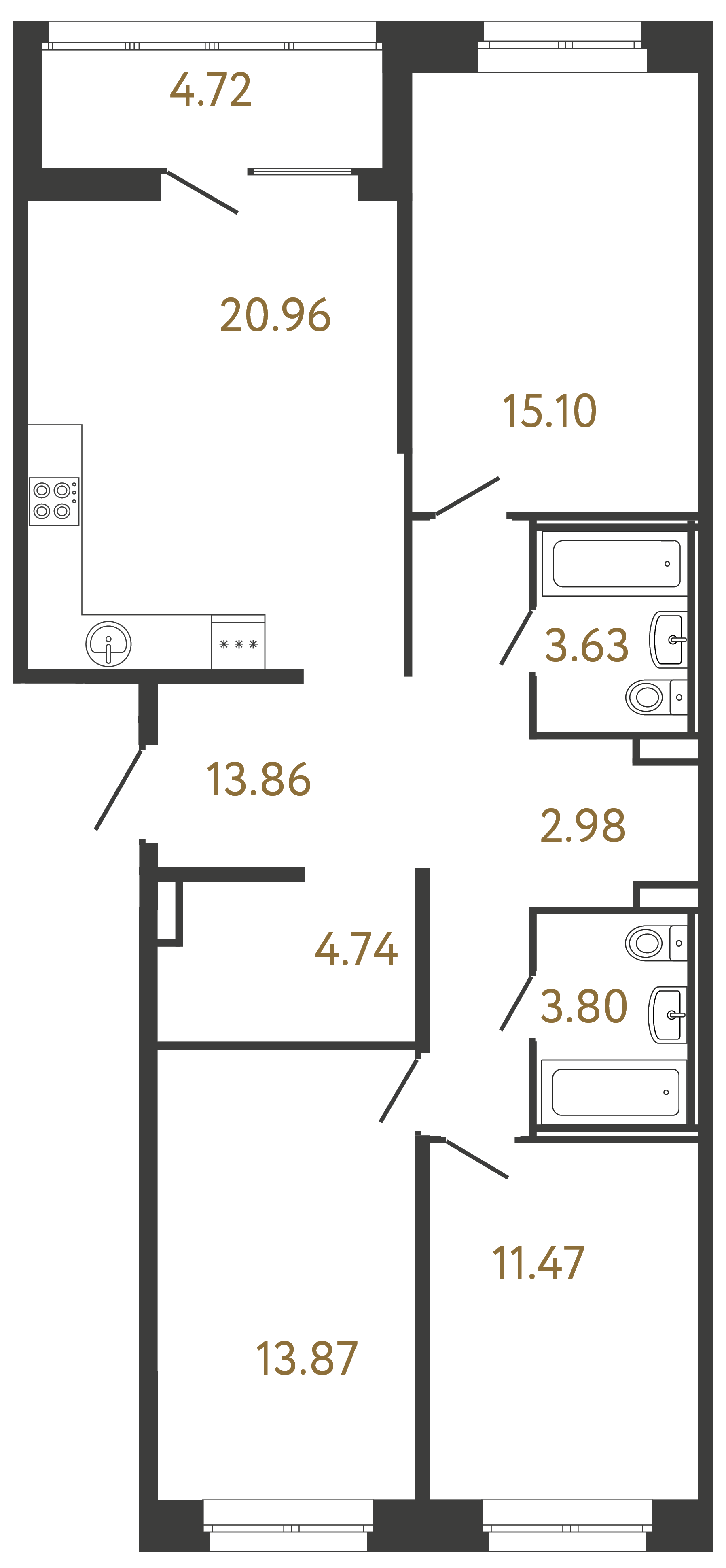3-комнатная квартира №81 в: ULTRA CITY III: 90.41 м²; этаж: 2 - купить в Санкт-Петербурге