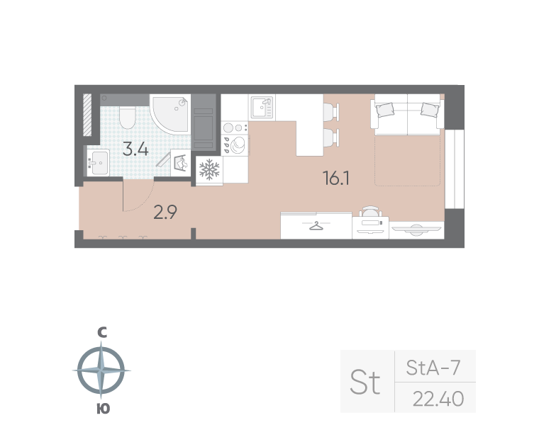1-комнатная квартира №5 в: «Большая Охта»: 22.4 м²; этаж: 6 - купить в Санкт-Петербурге