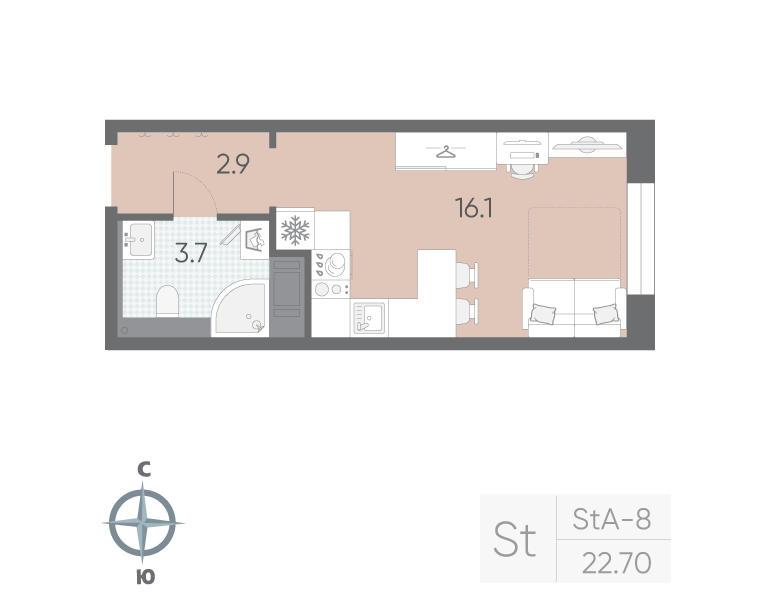 1-комнатная квартира №5 в: «Большая Охта»: 22.7 м²; этаж: 6 - купить в Санкт-Петербурге