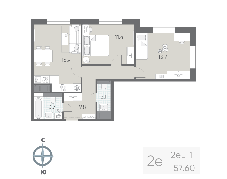 2-комнатная квартира, 57.6 м²; этаж: 6 - купить в Санкт-Петербурге