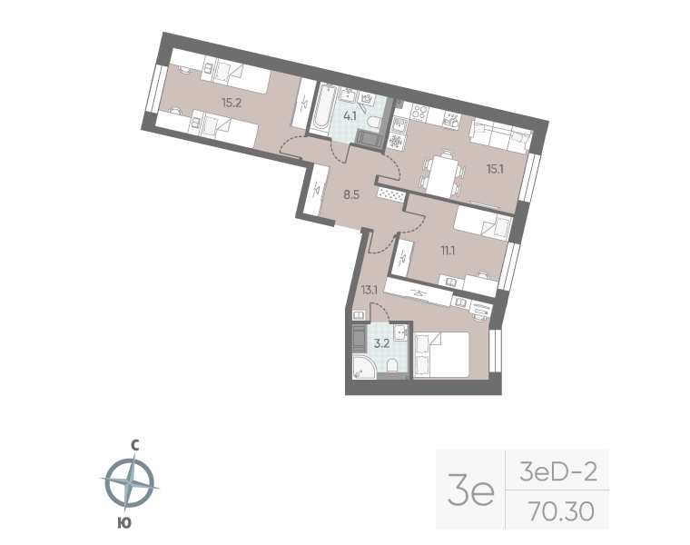3-комнатная квартира №5 в: «Большая Охта»: 70.3 м²; этаж: 4 - купить в Санкт-Петербурге