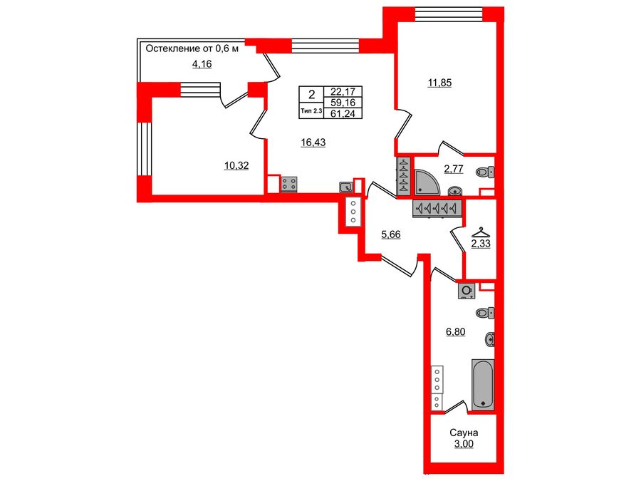 2-комнатная квартира, 59.16 м²; этаж: 2 - купить в Санкт-Петербурге